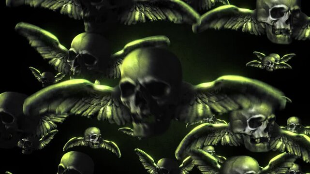 Animated group of skulls with wings flying in puppet stop-motion style. Multiple skulls with outstretched wings in a looping flight formation, rendered with a handmade, tactile aesthetic.