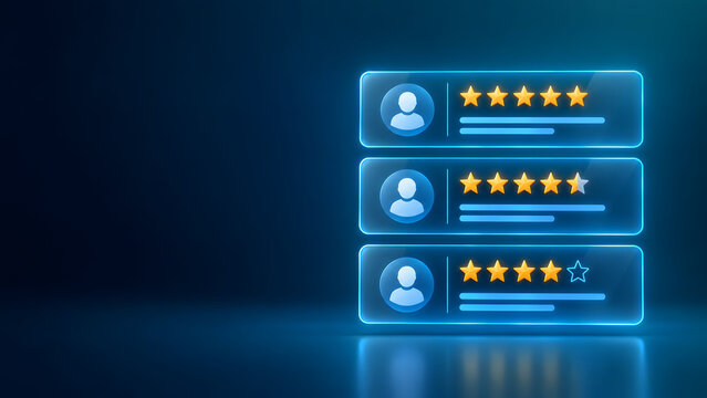 Customer feedback review rating concept with glowing holographic star icons and user profile interface representing satisfaction evaluation and service
