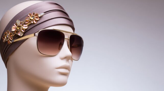 A stylish mannequin wearing oversized sunglasses and a decorative headwrap with floral accents