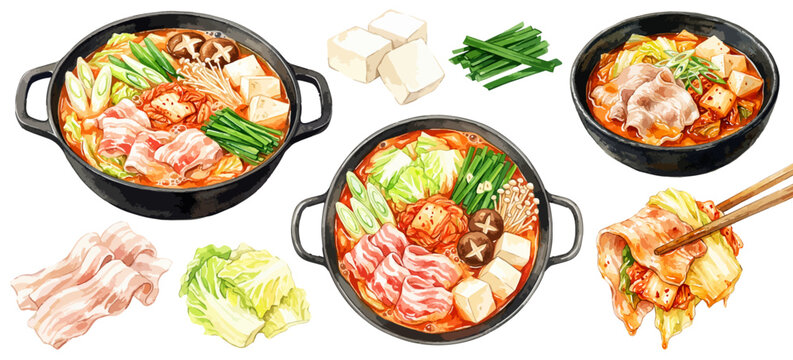 キムチ鍋の水彩風手描きイラストセット,豚キムチ鍋・チゲ鍋・韓国料理・鍋・豚肉・白菜・豆腐・ニラ・真上・箸・旨辛・冬・飲食店パーツ,メニュー・販促素材,ベクター,透過PNG