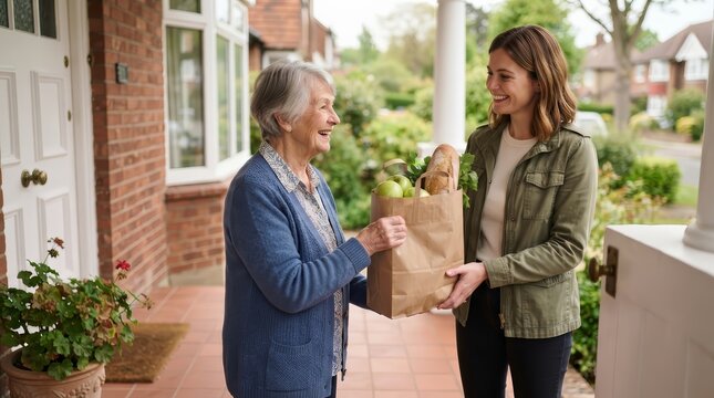 A smiling senior woman accepting a bag of groceries from a neighbor at her house entrance.