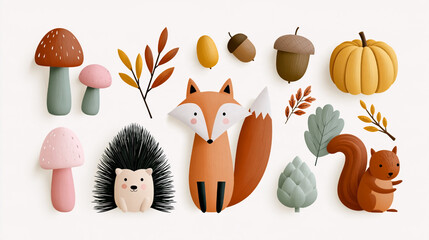Fototapeta premium Illustration of cute woodland animals including a fox, hedgehog, squirrel, mushrooms, acorns, and autumn leaves arranged on a light background