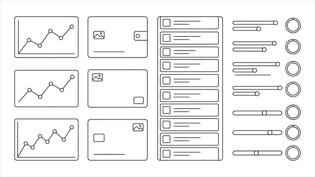 Set of wireframe elements, including line charts, cards, lists, progress bars, and circular charts, isolated on white background