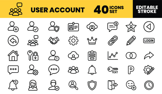 Set of forty professional user account icons for managing profiles and security on a clean digital interface with thin lines.