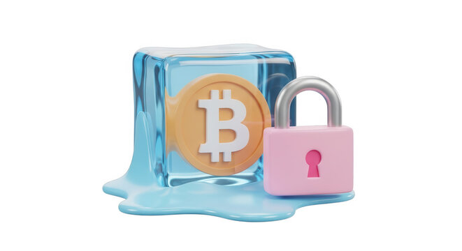 Bitcoin coin frozen in ice with padlock symbolizing cryptocurrency security and digital asset protection