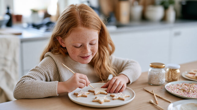 A redhead girl with freckles carefully decorating star-shaped sugar cookies with pastel royal icing on national cookie day, holiday kitchen table covered in sprinkles, edible