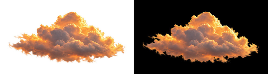 Obraz premium Golden sunset storm cloud on transparent background, volumetric evening twilight cumulus cloud illuminated by warm orange solar glow. Meteorology atmospheric weather sky element graphic element.
