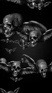 Animated group of skulls with wings flying in puppet stop-motion style. Multiple skulls with outstretched wings in a looping flight formation, rendered with a handmade, tactile aesthetic. 