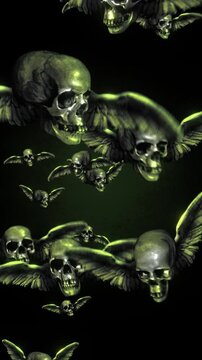 Animated group of skulls with wings flying in puppet stop-motion style. Multiple skulls with outstretched wings in a looping flight formation, rendered with a handmade, tactile aesthetic. 