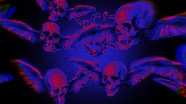 Animated group of skulls with wings flying in puppet stop-motion style. Multiple skulls with outstretched wings in a looping flight formation, rendered with a handmade, tactile aesthetic. 