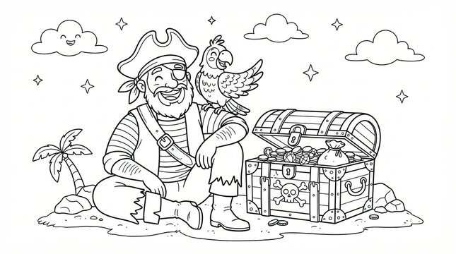 Happy cartoon pirate with a parrot and a treasure chest on a tropical island