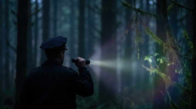 Officer flashlight forest night police investigation silhouette scans dark woods with focused beam creating mysterious atmosphere moonlit sky
