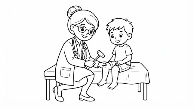 Friendly doctor checking a young boy knee with a medical reflex hammer