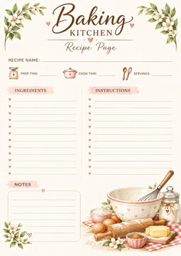 Printable baking recipe page template with floral decorations, kitchen utensils, and pastel colors. Perfect for organizing and writing your favorite recipes.