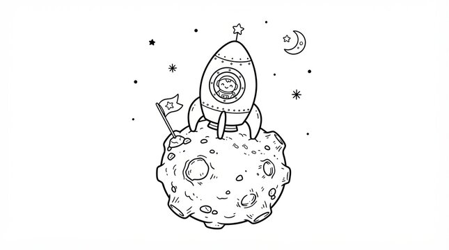 Cute astronaut in a rocket ship landing on the moon surface sketch