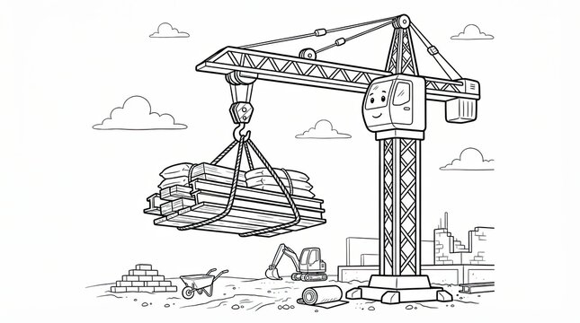 Cartoon construction crane lifting heavy materials at building site
