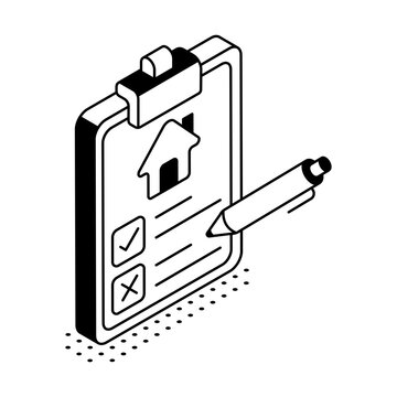 An isometric clipboard with a house document and pen represents mortgage agreements, property lending terms, home financing, and contract review.