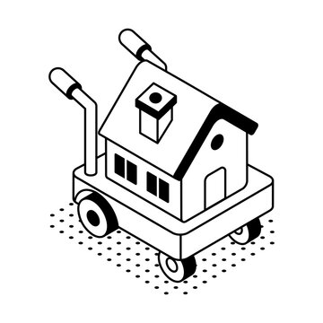 An isometric house with moving boxes and a hand truck represents relocation, residential transition, property finance, and moving home expenses.