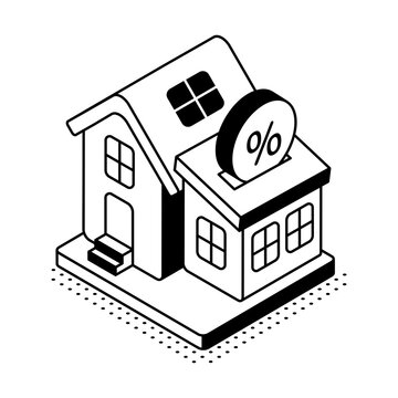 An isometric house with a percent symbol represents residential property finance, mortgage rates, home investment, and real estate lending options.