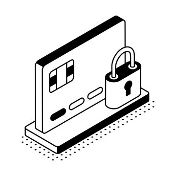An isometric payment card with a padlock represents secure transactions, card protection, financial privacy, payment safety, and fraud prevention.