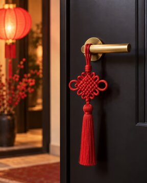 Lunar New Year Red Chinese Knot on Door Handle in Warm Entryway