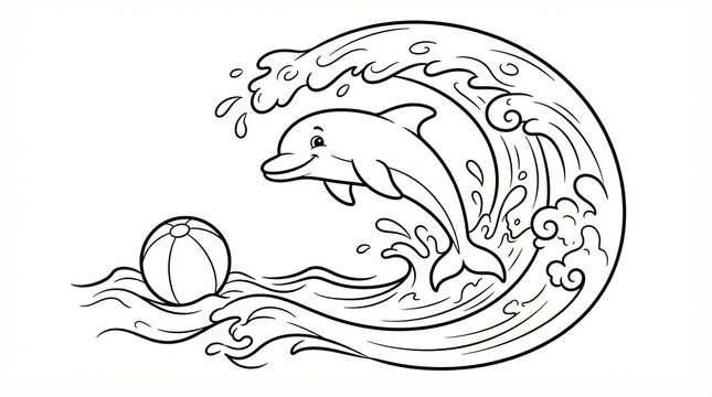 Cute cartoon dolphin jumping over a wave with a beach ball