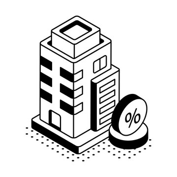 An isometric high-rise building with a percent symbol represents property investment, commercial lending, mortgage rates, and building finance.