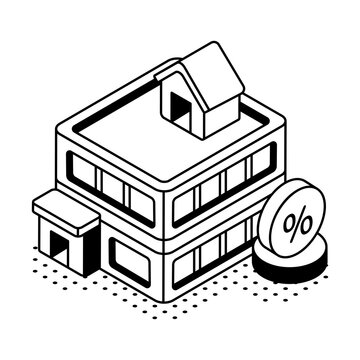 An isometric property building with a percent symbol represents real estate financing, mortgage borrowing, property investment, and lending rates.