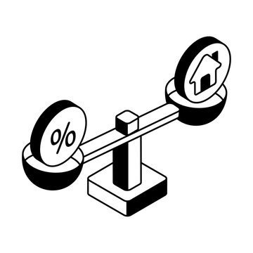 An isometric balance beam with a house and percent symbols represents home equity financing, property value, secured borrowing, and loan assessment.