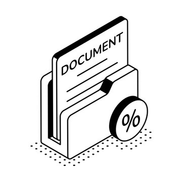 An isometric loan document with a percent symbol represents lending paperwork, borrowing terms, financial agreements, and loan application records.