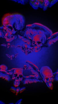 Animated group of skulls with wings flying in puppet stop-motion style. Multiple skulls with outstretched wings in a looping flight formation, rendered with a handmade, tactile aesthetic. 