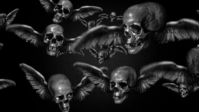 Animated group of skulls with wings flying in puppet stop-motion style. Multiple skulls with outstretched wings in a looping flight formation, rendered with a handmade, tactile aesthetic. 