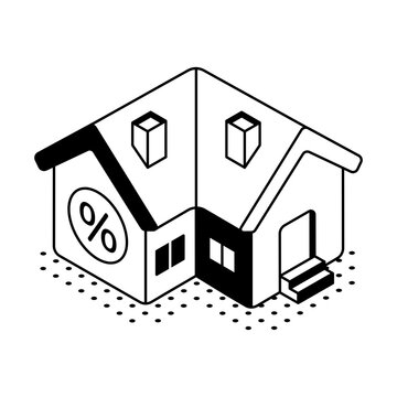 An isometric house with a percent symbol represents home mortgage financing, residential borrowing, property loans, and housing repayment plans.