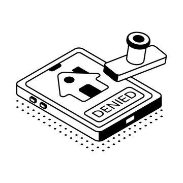 An isometric loan document with a rejection symbol represents denied financing, declined applications, lending decisions, and unsuccessful approval.