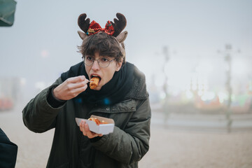 Young man wearing reindeer antlers eats fried street food from a takeaway box outdoors. A casual winter market scene shows a friend enjoying a warm snack. © qunica.com