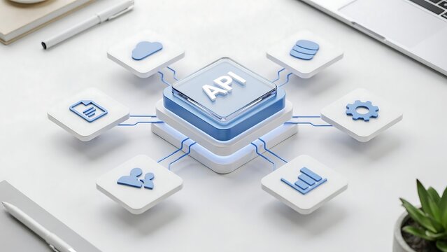 Modern illustration showing API integration connecting various digital services and functions