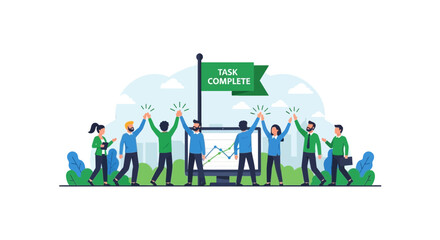 Fototapeta premium Business team celebrating project completion with high fives and growth chart illustration