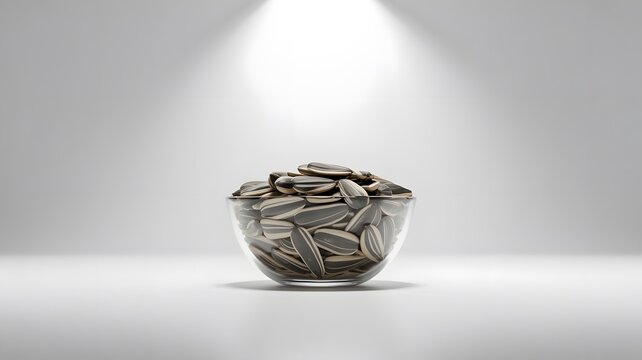 Pile of organic sunflower seeds inside clear glass bowl isolated against bright studio white background