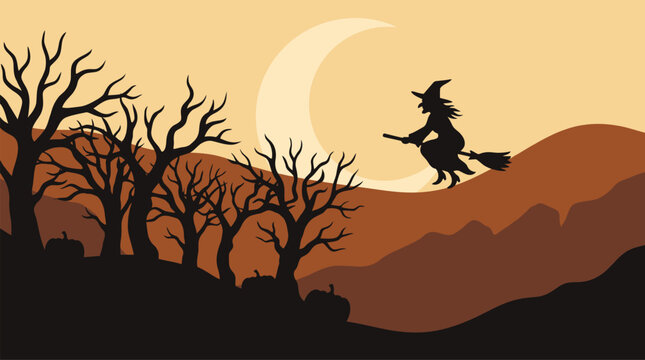 A spooky and enchanting halloween scene with a silhouette of a witch flying across a full moon surrounded by bare trees and