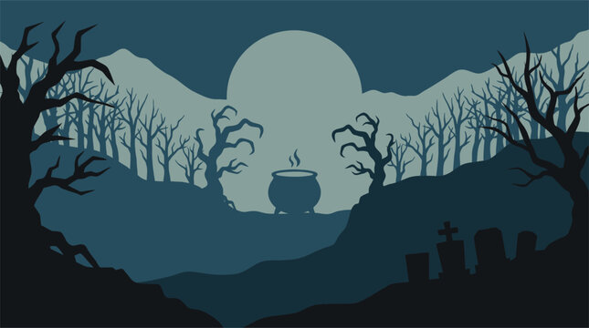 A spooky and mysterious halloween night scene featuring a full moon over a dark forest perfect for digital designs and creepy celebrations