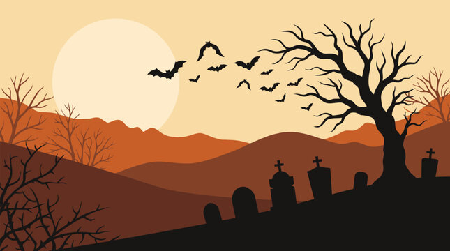 A spooky and enchanting halloween night scene vector illustration featuring a full moon silhouetted trees bats and a mysterious graveyard landscape