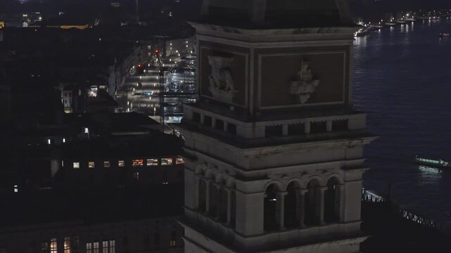Aerial view of St. Mark's Campanile at night, Italy.