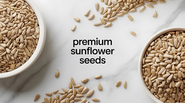 Premium sunflower seeds arranged in white ceramic bowls set upon a smooth bright marble table surface