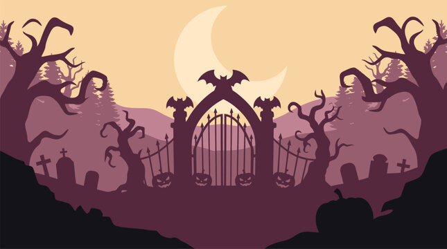 A spooky and eerie halloween night scene with a dark cemetery gate silhouetted ghosts and a full moon in a vector illustration
