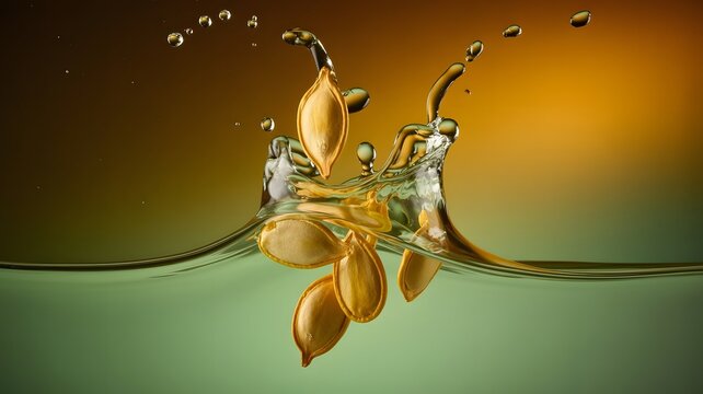 Pumpkin seeds plunging into clear refreshing liquid creating beautiful artistic splashes against a dark gradient backdrop