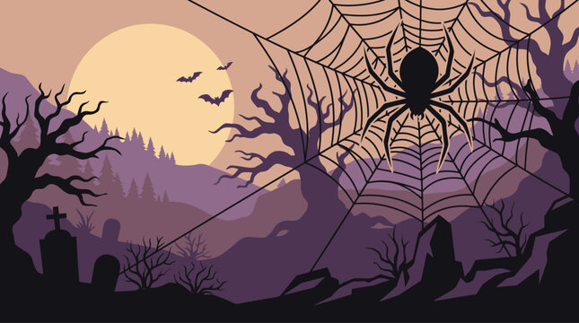 A spooky and delightful halloween night scene featuring a full moon silhouetted graveyard and a creepy spider web with a black spider