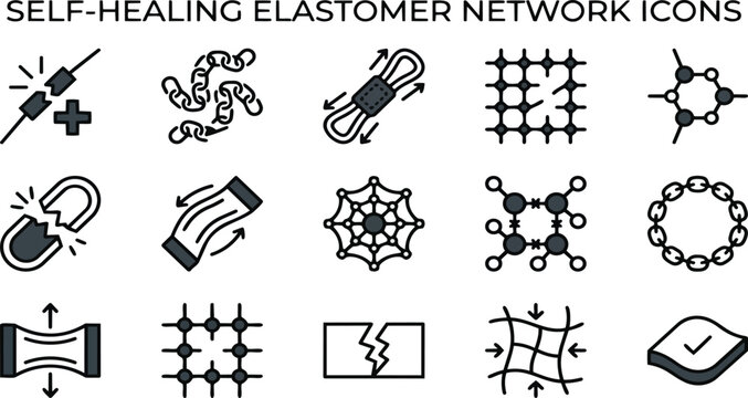 Set of scientific self-healing elastomer network icons representing material science and chemical bond properties with chemical bonds polymer chemistry molecular structure elastic material