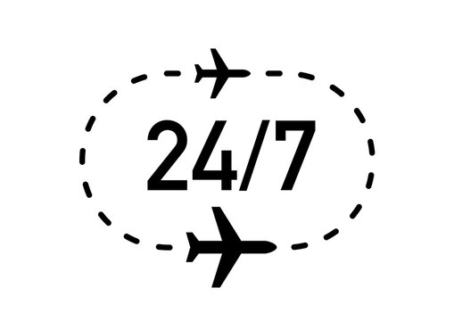 Airplane 24/7 Travel Service Vector Illustration with Dotted Flight Path