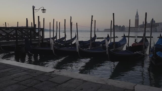Aerial view of gondolas moored in the Venice lagoon, Italy.