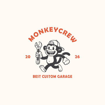 monkey garage holding wrench retro mascot character logo cartoon vintage illustration branding